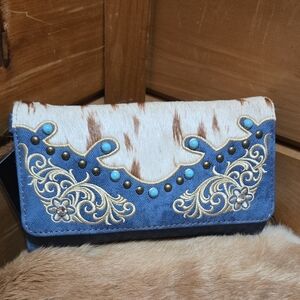 Native Denim and Cowhide Clutch with Turquoise Accents